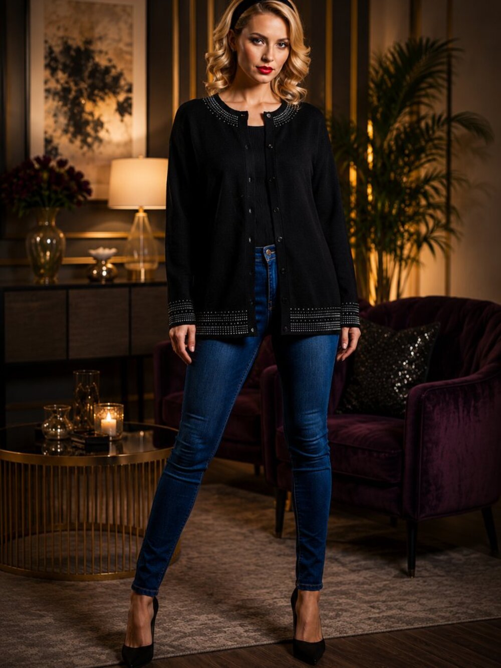 Rochelle Black Beaded Rhinestone Cardigan Sweater Glam Evening Jacket M
